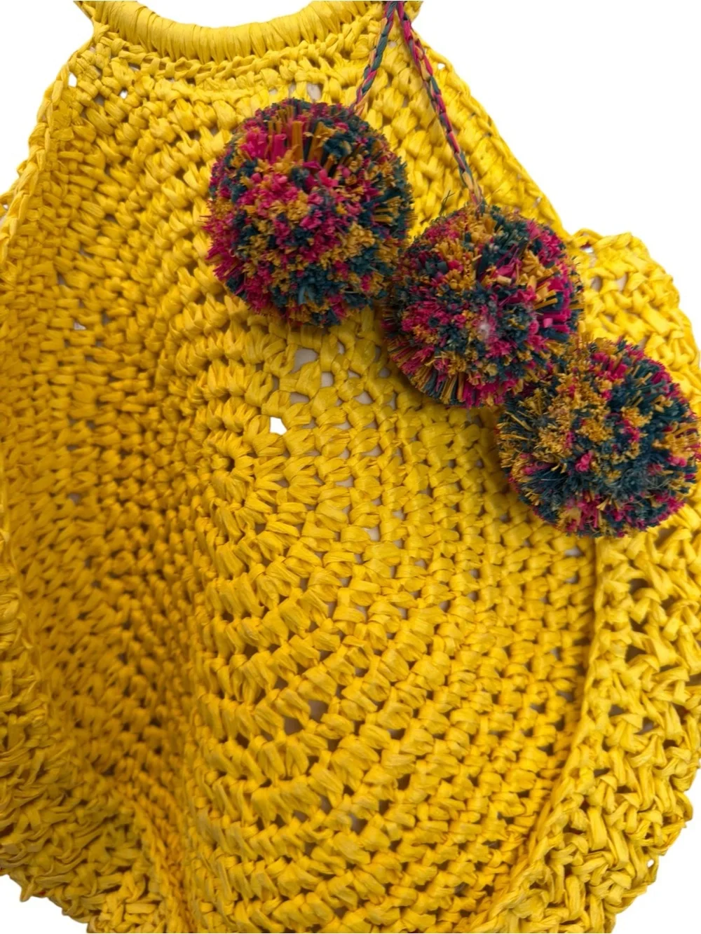 Bright Yellow Crochet Ring-Handle Hobo Bag with Pom Pom Detail